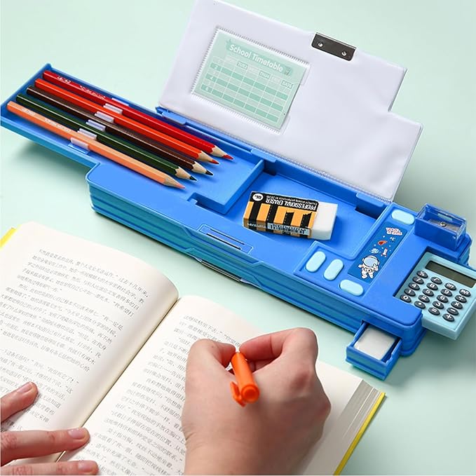 Ristpal Pop Up Multifunction Pencil Case, Cute Cartoon Pen Box Organizer Stationery with Calculators, Sharpener, Schedule, School Supplies, Best Birthday Gifts for Kids Teens (Blue)