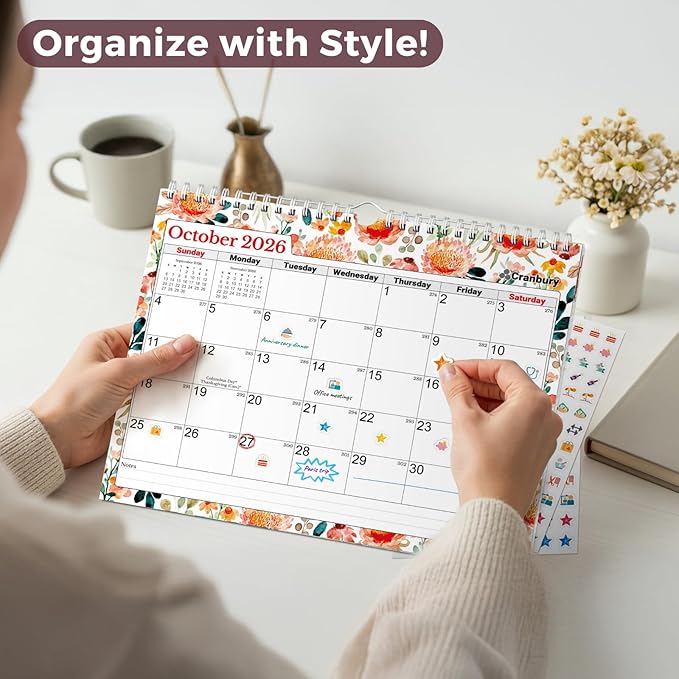 Cranbury Wall Calendar 2026 8.5x11, 12 Month Desk Calendar with Bouns Stickers and Large Writing Blocks, Premium Paper, Floral Design, 8x11 Planner 2026, Twin-Wire Binding