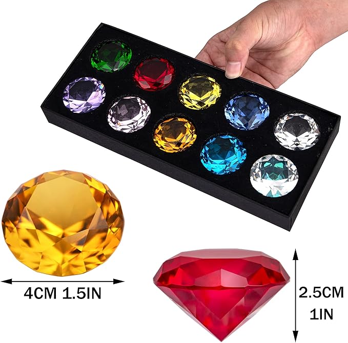 40mm(1.5 in) Crystal Diamond Jewels Paperweight Fake Diamonds Table Decoration Party Favors Gift, Glass Paperweight, Pack of 10 (Multicolor)