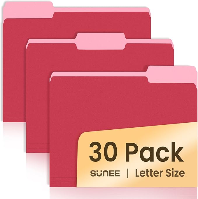 SUNEE File Folders, 30 Pack Manilla Folders 8.5 x 11, Colored File Folder Home Office School Supplies for Documents Files Paper, Red