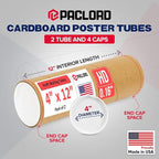 Paclord 4" x 12" Heavy-Duty Reinforced Cardboard Mailing Tube, Pack of 2 Tubes with 4 Caps – Secure USPS Approved – Great for Shipping and Storing of Prints, Artwork, Posters or Documents