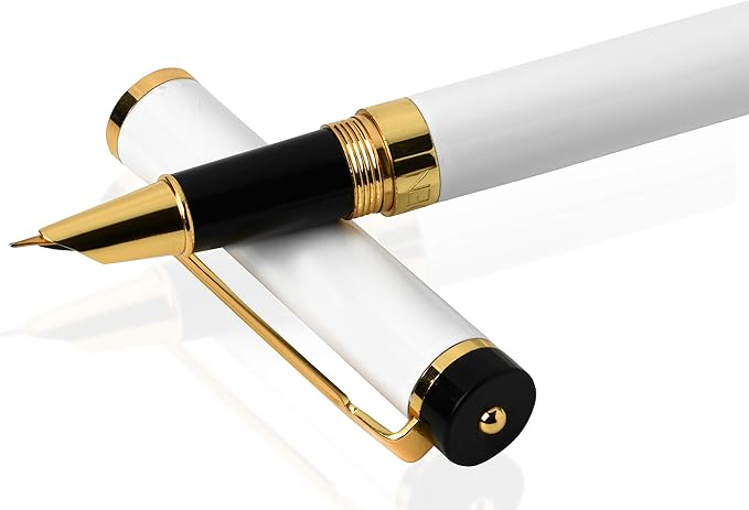 Dryden Designs Fountain Pen - Medium and Fine Nibs | Includes 24 Ink Cartridges and Ink Refill Converter | Calligraphy Pen, Consistent Writing, Smooth Flow - Pearl White.