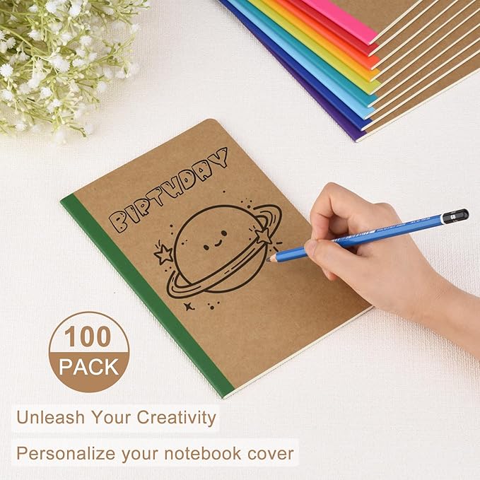 ZCZN 100 Pack Composition Notebooks Bulk, A5 Kraft Cover Lined Journals with Rainbow Spines for School, Business, Work and Daliy Use (100, 10 colors)