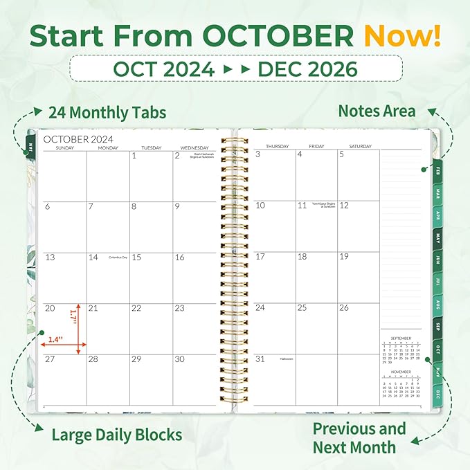 SUNEE 2026-2027 Planner - 24 Months (Jan 2026 - Dec 2027) - 7"x10" Monthly Spreads & Yearly Planner, Greenery