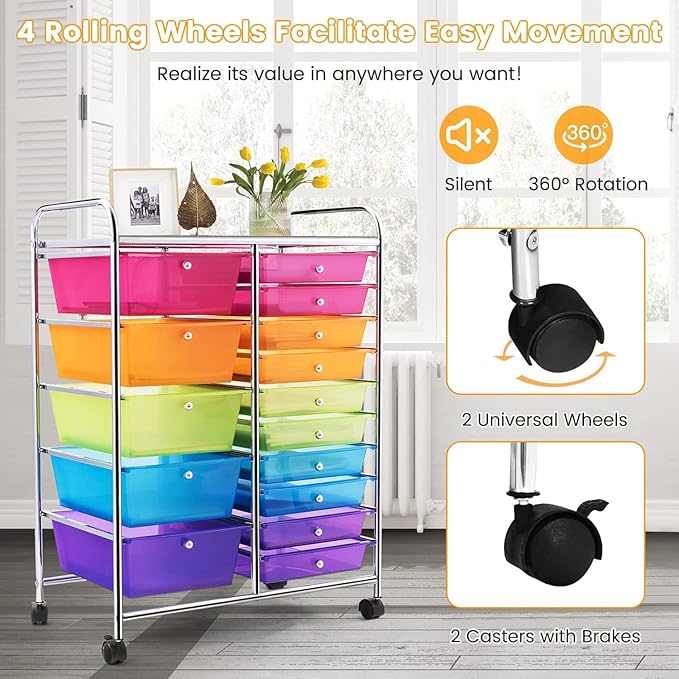 LDAILY 15 Drawer Rolling Storage Cart, Rolling Cart with Drawers for Classroom, Art Supply Craft Organizer on Wheel with Metal Frame & Handles for Home Office School