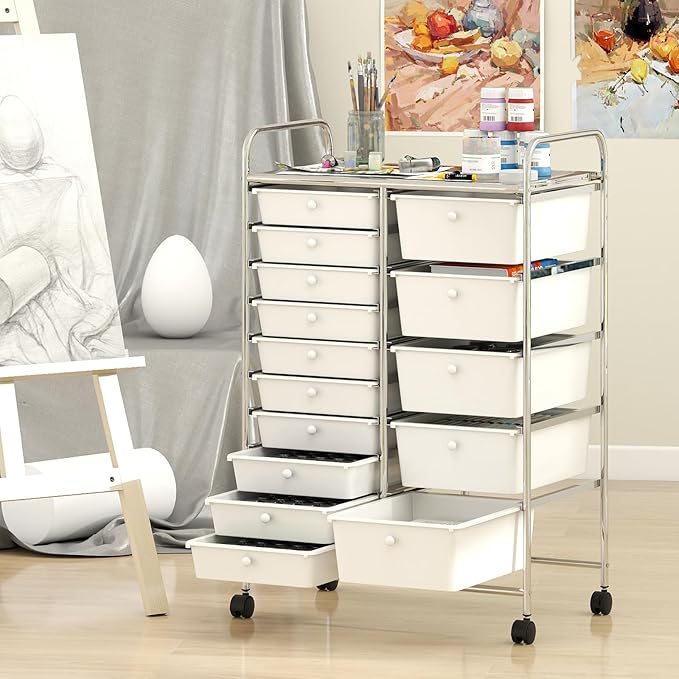 Giantex 15 Drawer Rolling Cart with Drawers, Storage Organizer Cart for Classroom Office School Teacher, Mobile Drawer Cart for Tools, Crafts, Small Printer, Ivory