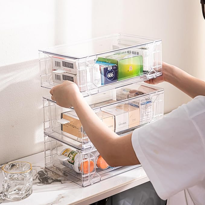 Sgoostood 6 Pack Stackable Organizer Drawers, Clear Desk Storage Box,Transparent Drawer in Home, Office and Kitchen Pull Out Organizer Bins for Make Up, Pen, Desktop Stationary (6 Pack)