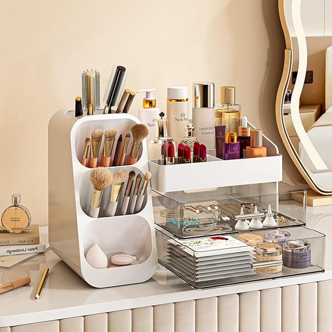 KQJS Makeup Organizer with Drawers,Large Capacity Countertop Organizer for Vanity,Bathroom and Bedroom Desk Cosmetics Organizer,Easy To Storage Skincare,Brushes, Eyeshadow, Lotions, Lipstick (White)