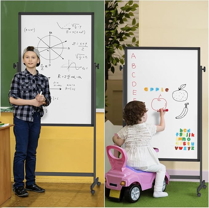 Rolling Whiteboard on Wheels, 32x48 Inches Double-Sided Magnetic Dry Erase Board with Stand, Height Adjustable Mobile White Board Easel for Classroom Home Office Black