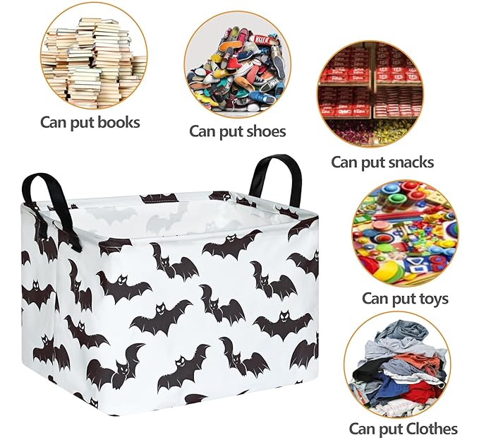 FUULOXE Halloween Bat Storage Basket with Handles Open Gifts&Candy Spooky Basket stuffers for Kids Baby Collapsible Women Organizer Bins Toys Boxes for Shelves Home Office