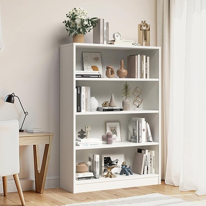 Farini 48 Inch Tall 4-Shelf Bookcase, Wood Bookshelf Storage Organizer Adjustable Shelf for Home Office, Study Room, Easy Assembly,White