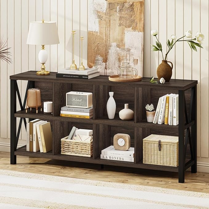 FATORRI 8 Cube Storage Organizer Bookshelf, 62 Inch Rustic Wood Horizontal Bookcase, Farmhouse Cube Long Book Shelf, TV Console Stand for Living Room (Dark Walnut)