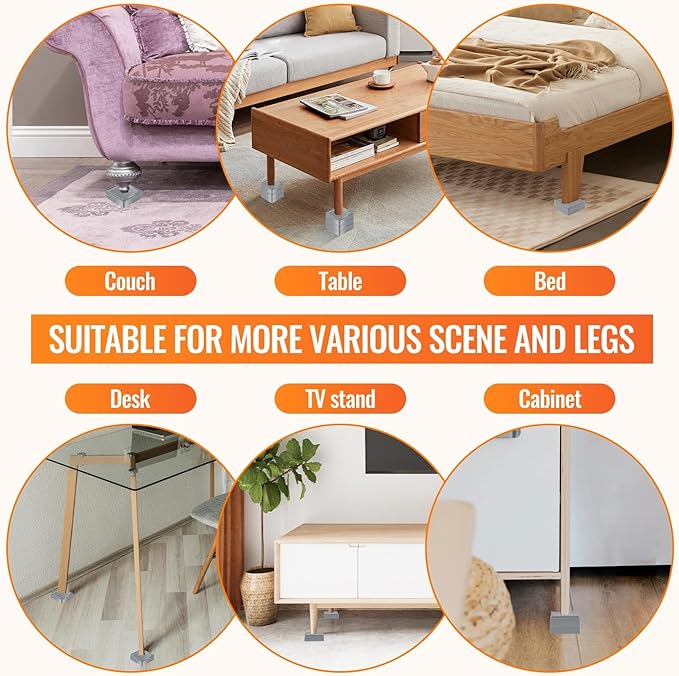 shouwuhho Furniture Risers, 12 Pack Bed Risers with Non-Slip Grip and Heavy Duty Support, 1 Inch 2 Inch 3 Inch 4 Inch Height Lift for Couch, Sofa, Table, Desk, Chair, Refrigerator - Gray, 1 Inch