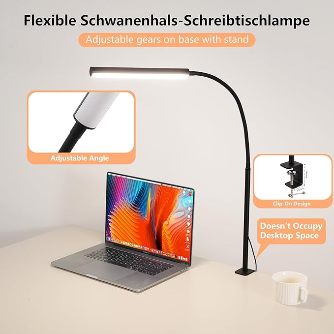 FAPEMIH LED Desk Lamp for Office Home, Adjustable Flexible Eye-Caring Desk Light with,5 Modes 10 Brightness Adjustment, USB Adapter Desk Lamp with Clamp-LK-B