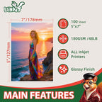Uinkit Premium Glossy Inkjet Photo Paper - 5x7 Inch, 48lb 180gsm, 100 Sheets - Professional Photographic Quality, Dye Ink Compatible, High-Gloss Finish for Stunning Portraits & Art Prints