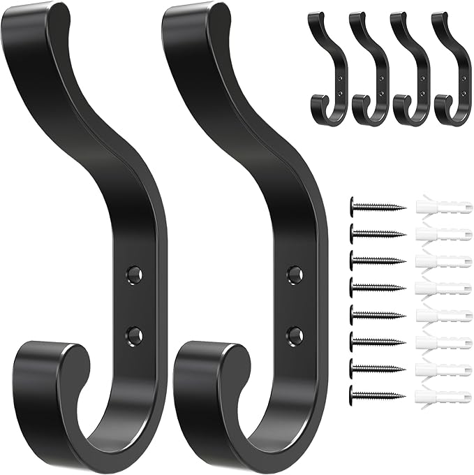bussdis Wall-Mount Coat Hooks, Heavy Duty 30LB Hooks for Hanging Coats, Bags, Backpacks, Keys, Hats – Black Metal Hooks for Wall,Door (6 Pack)