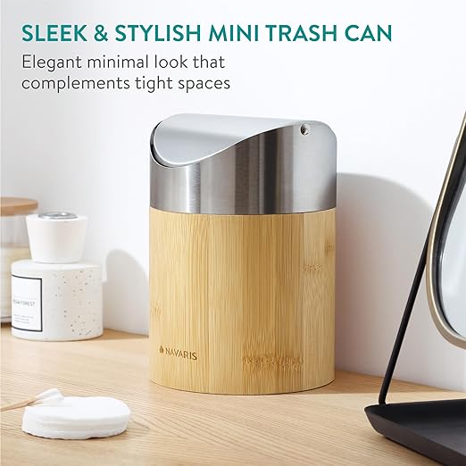 Navaris Bamboo Mini Trash Can - Small Bin with Stainless Steel Swing Lid for Easy Access - Desktop Bin Ideal for Office, Bathroom and Kitchen Counter - Compact and Easy to Clean