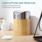 Navaris Bamboo Mini Trash Can - Small Bin with Stainless Steel Swing Lid for Easy Access - Desktop Bin Ideal for Office, Bathroom and Kitchen Counter - Compact and Easy to Clean
