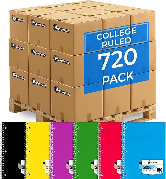 Rosmonde 720 Packs (Pallet) 5 Subject Notebooks, Spiral Notebook Bulk, College Ruled,150 Sheets (300 pages),Pallet of Notebooks, 8 x 10-1/2", Bulk Spiral Notebooks for School & Office, 4-7 Days Transit