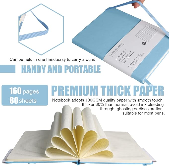 EMOMAS Lined Journal Notebook, 10Pack Hardcover Notebook for Men & Women – Journals for Writing, Work, School, Home & Daily Notes, 160 Pages – Medium A5, 5.7"x8", 100 gsm Thick Paper (Sky Blue)