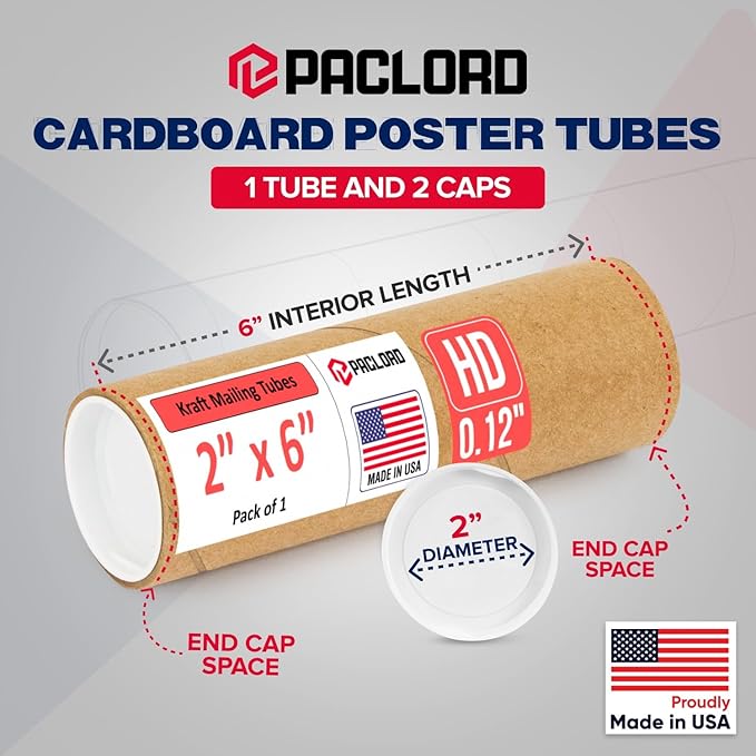 Paclord 2" x 12" Heavy-Duty Reinforced Cardboard Mailing Tube, Pack of 1 Tube with 2 Caps – Secure USPS Approved – Great for Shipping and Storing of Prints, Artwork, Posters or Documents