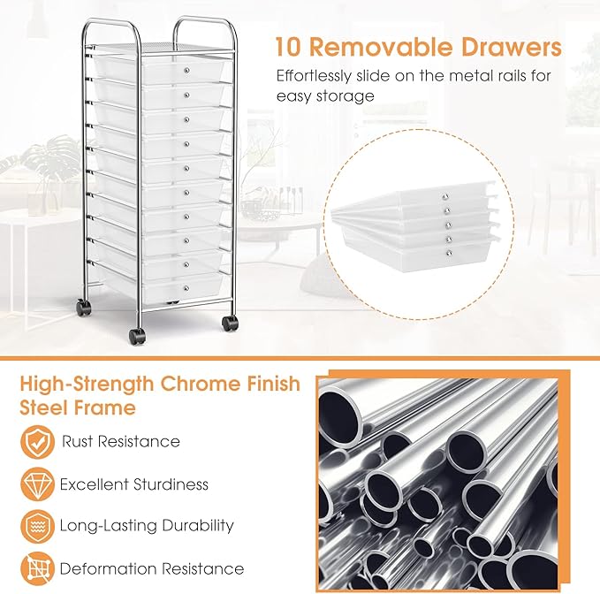 GLACER 10 Drawers Rolling Cart, Storage Cart with w/Removable Drawers & Steel Frame, Utility Mobile Trolley w/Universal Casters & 2 Brakes, Organizer Cart for Home, School, Office (Clear)