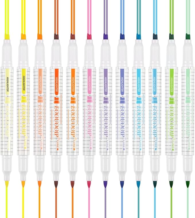EooUooIP Dual-Tip Highlighter Set, 12 Pack, Pastel Highlighter Assorted Colors, Chisel and Fine Tips Bible Highlighters, No Bleed Highlighters Markers for Bible Journals Planners Books Notes