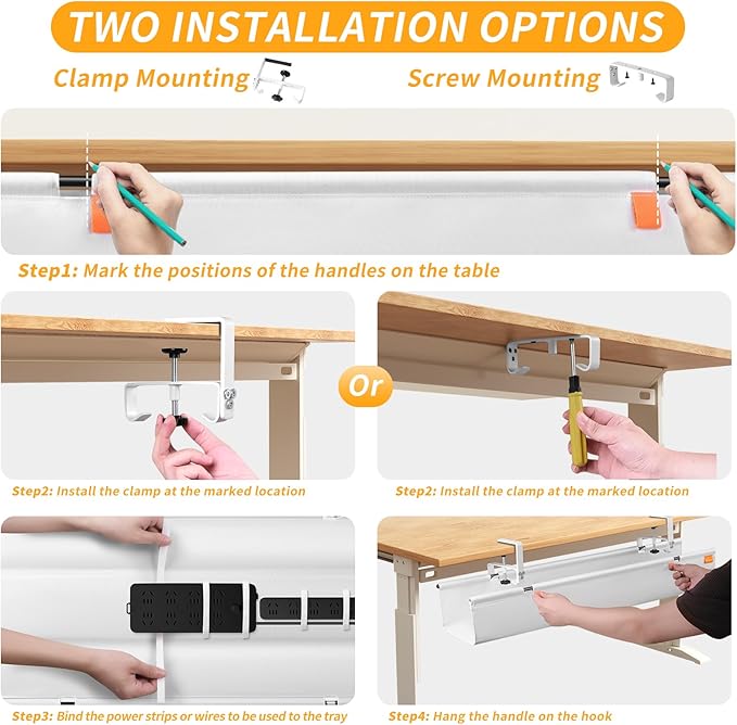 SUREUP9 No Drill Under Desk Cable Management Tray, 28" Cord Organizer with Clamp, Fabric Cable Management for Standing Desks, Ideal for Home & Office - White