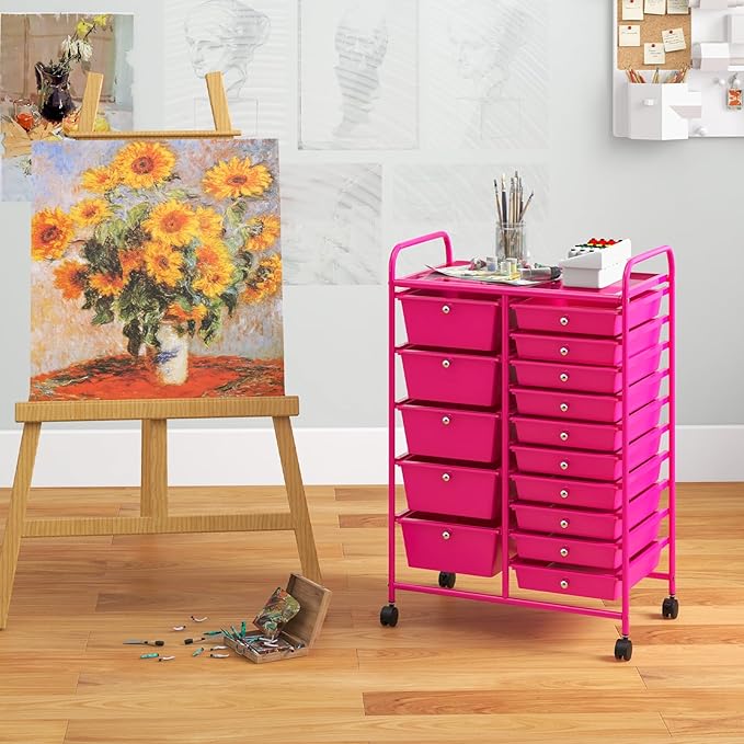 GLACER 15 Drawers Rolling Cart, Storage Cart with w/Removable Drawers & Steel Frame, Multipurpose Organizer Cart w/Sleek Handle, Utility Cart on Lockable Wheels for Home, School, Office (Hot Pink)
