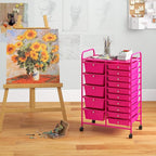 GLACER 15 Drawers Rolling Cart, Storage Cart with w/Removable Drawers & Steel Frame, Multipurpose Organizer Cart w/Sleek Handle, Utility Cart on Lockable Wheels for Home, School, Office (Hot Pink)