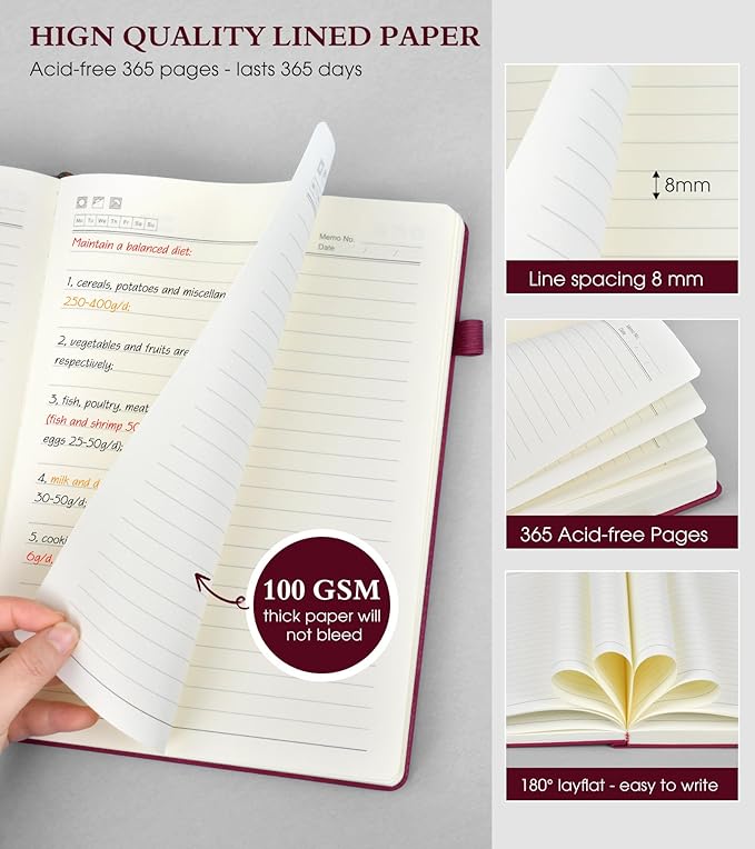 PERCUN A4 Lined Journal Notebook，365 Page Large Leather Journals for Writing Women Men，Hardcover Notebook with 100Gsm Thick Pages for Travel，Work，School，College Ruled, Daily Diary (8.5" x 11.4")