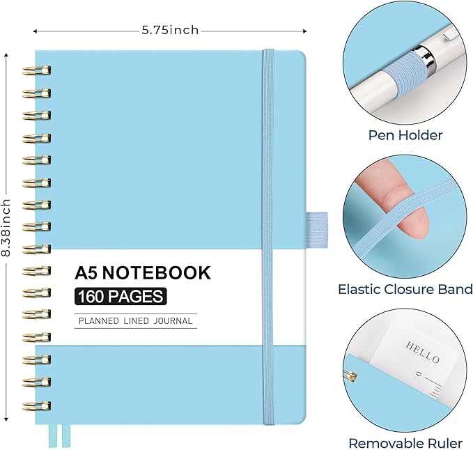 AHGXG Spiral Journal Notebook, 160 Lined Pages, A5 Medium Size (5.7'' x 8.3''), for Men & Women, Journaling, Writing, Work & Office, Hardcover, 100 GSM Thick Paper (Light Blue)