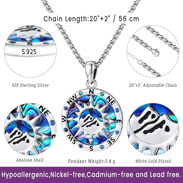 Compass Necklace for Women Men 925 Sterling Silver Pendant Urn Necklaces for Ashes Picture Locket Necklace Anchor Necklace Viking Necklace Crystals CZ Moonstone Abalone Shell Turquoise Compass Jewelry