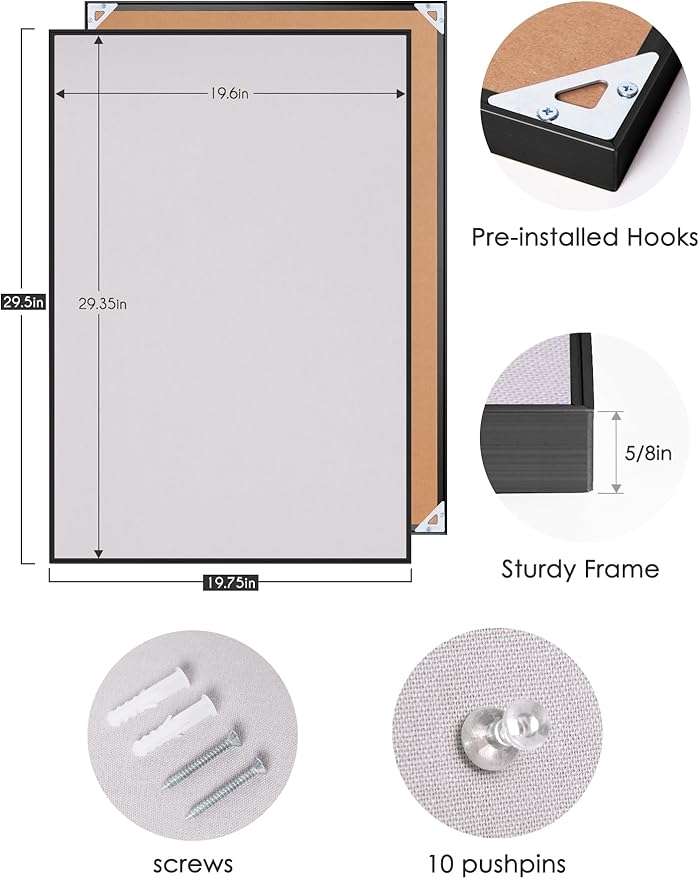 Lightomorrow Bulletin Board 30 x 20 inches, Lavender Gray Pin Board, Black Aluminum Framed Fabric Cork Board with 10 Push Pins