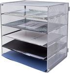 EASEPRES 5 Slot Mesh Desk Organizer Tray, File Paper Letter Folder Holder Desktop Paper Sorter Mail Organization Rack Storage Accessories, for Office Home School Classroom, Silver