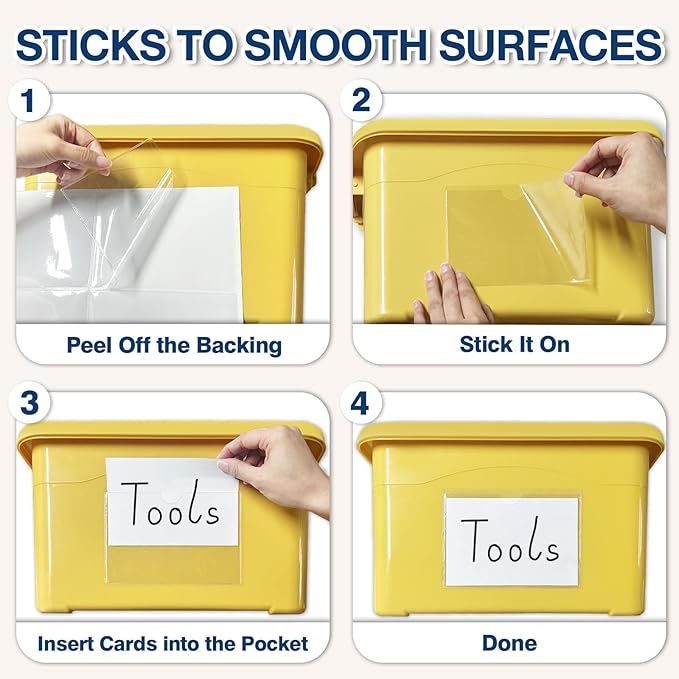 H4D 24 Pack Labels for Storage Bins, 4" x 6" Plastic Clear Adhesive Index Card Holders, Tote Label Pockets for Organizing Storage, Library Card, Shelves