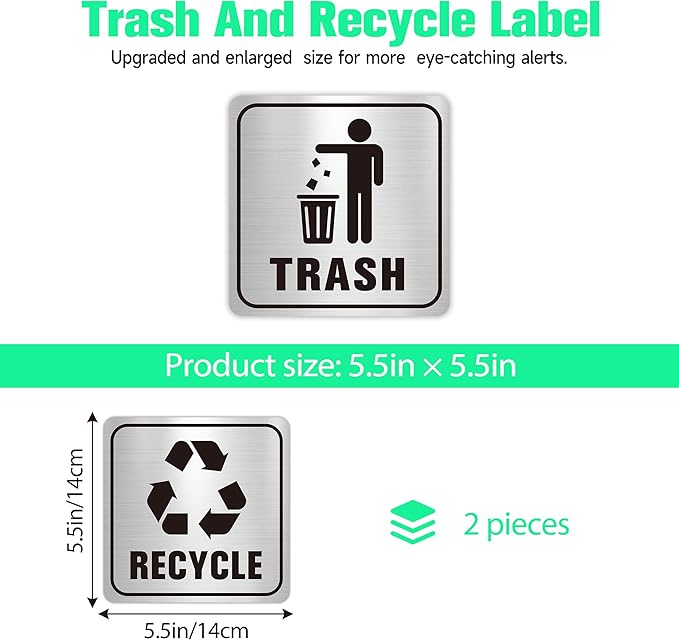 2PCS Recycle Stickers for Trash Bins, Self-Adhesive Waterproof Brushed Silver Trash and Recycling Stickers for Trash Can, Kitchen, Office, Garbage Bin Indoor, Outdoor Use