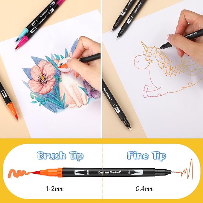 Mzh Art Coloring Pens,72 Dual Tip Brush Markers with Fineliner & Brush Felt Tip Pens Set, Art Watercolour Marker with Case for Adults Kids Colouring Calligraphy Drawing Sketching