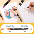 Mzh Art Coloring Pens,72 Dual Tip Brush Markers with Fineliner & Brush Felt Tip Pens Set, Art Watercolour Marker with Case for Adults Kids Colouring Calligraphy Drawing Sketching