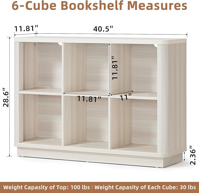 Joaxswe 6 Cube Bookcase, 40" Wide Low Horizontal Book Shelf Curved Edge, Wood Floor Standing 2-Tier Bookshelf with Base, Modern Short Storage Cabinet Book Case for Bedroom,Office, Grey-White Cream Oak