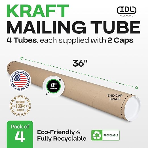Cardboard Mailing Tubes, 4" x 36" with Plastic Caps, Pack of 4 - USA-Made USPS Approved Poster Tube for Documents & Blueprints - Reinforced Mailing Cylinders for Shipping & Storage by IDL Packaging