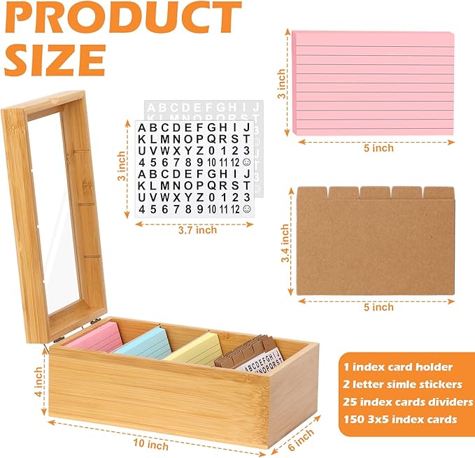 3x5 Index Card Holder with Dividers Bamboo Index Card Organizer Index Card Storage Box 150 Index Flash Cards 25 Index Cards Dividers 2 Letter Smile Stickers for Office Business Home (3 x 5 Inches)