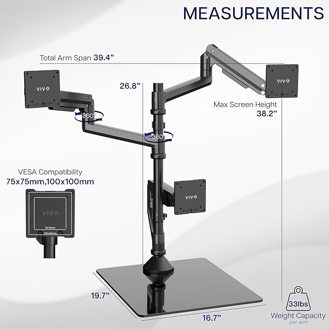 VIVO Pneumatic Arm Triple Ultrawide Monitor Desk Stand for Up to 49 inch Screens with Tempered Glass Base, Holds 3 Ultra Wides Up to 33 lbs Each, Black, STAND-V300FG