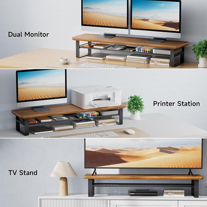 NestNeat Dual Monitor Stand, 35.4 Inch Monitor Stand Riser for 2 Monitors, 2 Tiers Wood Desk Shelf with Storage, Desktop Organizer Stand for Computer, Laptop, Printer, TV (Walnut, 35.4in)