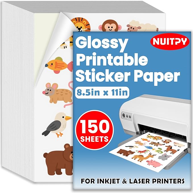 150 Sheets Glossy Sticker Paper, 8.5in x 11in Sticker Paper for Inkjet Printer, Self-adhesive Printable Sticker Papers, Vibrant Colors, Dries Quickly, US Letter Size