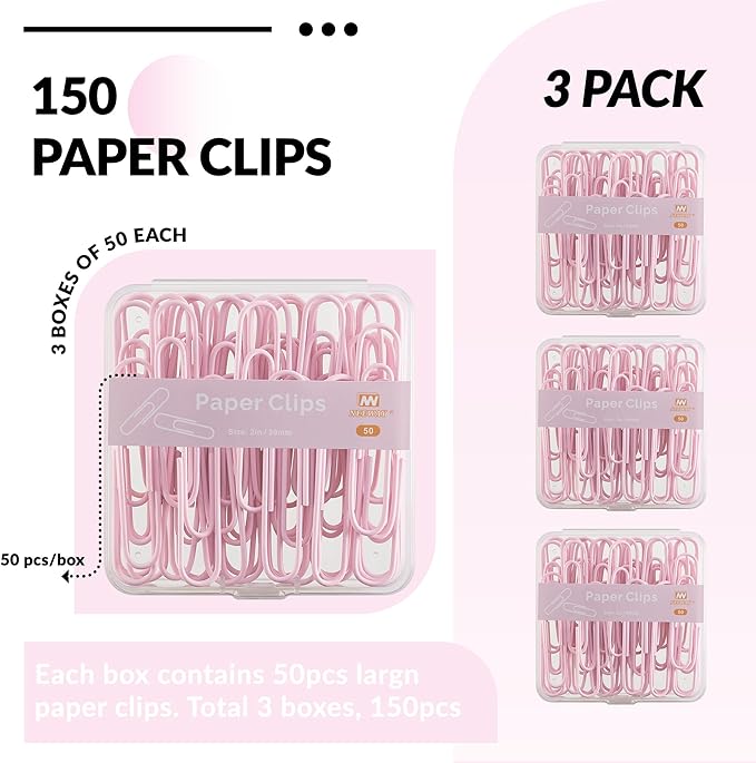 NEEWAY Colorful Large Paper Clips, 2 Inch Jumbo Paper Clips, 150 Count, 3 Pack of 50 (Light Pink)