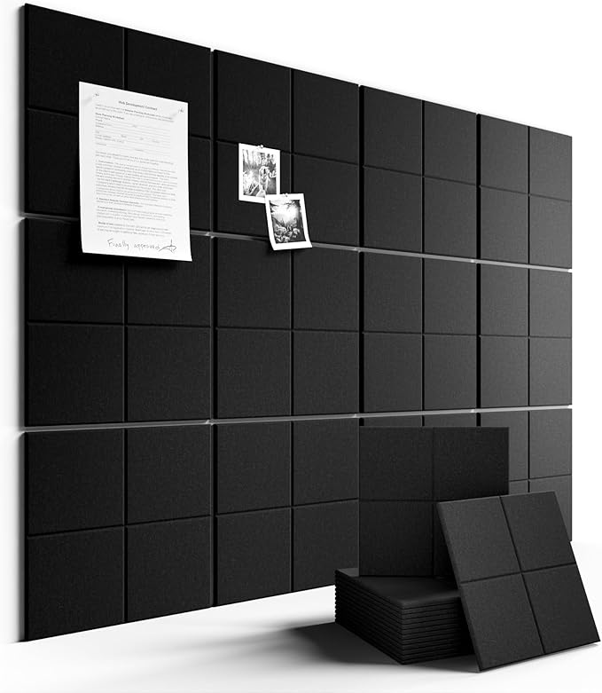 Large Felt Bulletin Board 48" x 36", 12-Pack 4-Compartment Wall Organizer, Cork Board Alternative with 70 Removable Adhesive Tabs, Modular Felt Panels for Home Office, Classroom and Study-Black