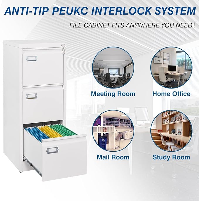 PEUKC 3-Drawer File Cabinet with Lock, 16.3" Deep Vertical Filing Cabinets, Metal File Cabinets for Home Office, Anti-Tip 3 Storage Drawers for Letter/Legal/A4/F4 Size (Assemble Required, White)