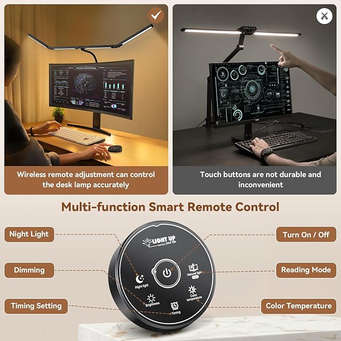Pzloz Led Desk Lamps for Home Office - Eye Caring Architect Lamp with Clamp, Double Head Computer Monitor Work Desk Light with Remote Control: 24W Flexible Dimmable Desktop Table Lamp