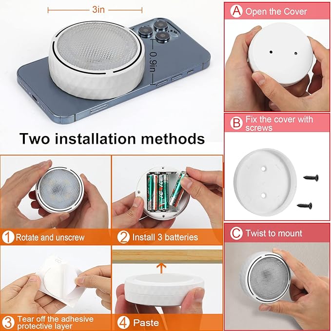 Onumii Puck Lights with Remote Battery Operated ED Under Cabinet Lighting Wireless Stick on Color Changing Timer Tap Lights for Cabinets Shelves Closets Display Case - 2Pack White